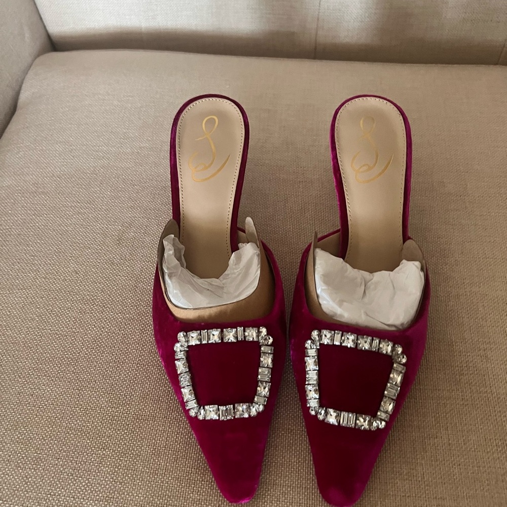 Sam Edelman Fuschia Velvet Mules with Crystal Embellishment